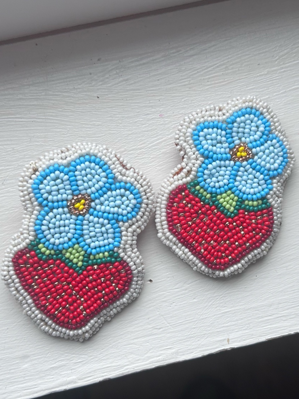 Handmade Beaded Floral Strawberry Earrings - Blue & Red - Picture 2 of 5